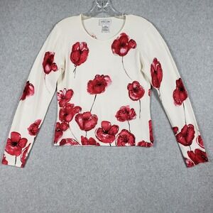 Oscar by Oscar de la Renta Red Poppy Sequin Floral Knit Sweater Women's Small